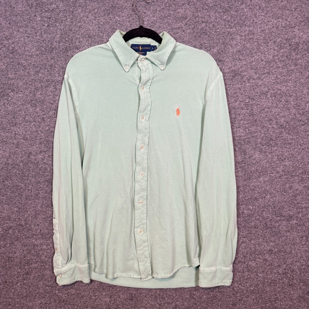 Ralph Lauren Featherweight Mesh Shirt Mens Large Green Button Up Knit‎ Soft Flaw